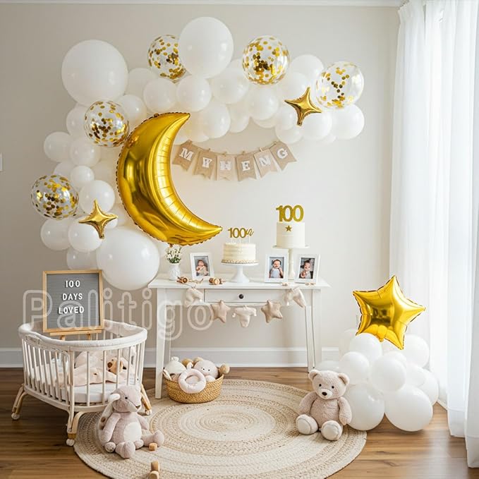 White Balloon Garland Kit - 131pcs White Balloons with Moon and Star, Perfect for Twinkle Twinkle Little Star Baby Shower, Gender Reveal,Birthday Parties, Weddings and Festive Celebrations