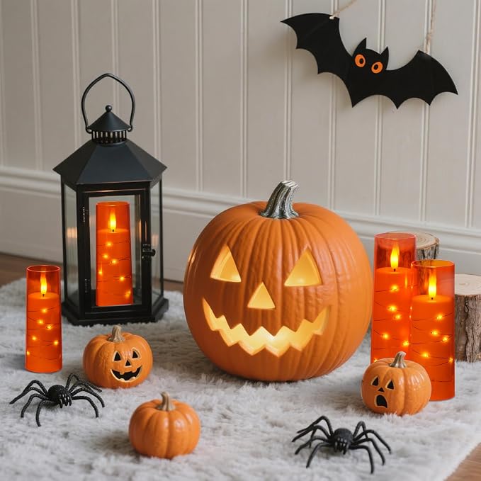Raycare Flameless Candle with Remote Timer – 9 Flickering Acrylic Battery Operated LED Pillar Candles with Embedded Star String for Halloween, Home Decor, and as a Gift (Orange)