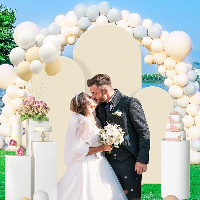 Gawicpy Wedding Arch Backdrop Stand Set Metal Arch Backdrop Stand with Wedding Arch Cover, Wedding Balloon Arch Backdrop Stand for Birthday, Baby Shower, Anniversary (Beige, 4FT+5FT+6FT)