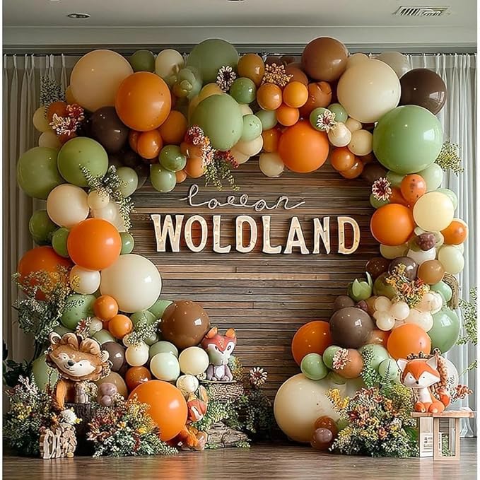Green Brown Orange Balloon Garland Double Stuffed Sage Green White Sand Cream Balloon Arch Kit for Birthday Baby Shower Dinosaur Woodland Wild One Party Decorations