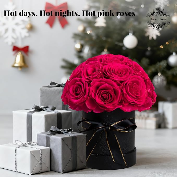 18 Preserved Flowers for Delivery Prime, Roses Dome Forever Flower Decor for Party Home Table Bedroom, Anniversary, Birthday, Wedding Gifts for Women Her (Hot Pink)