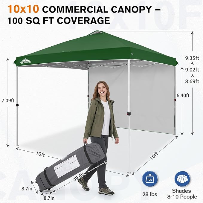 EAGLE PEAK Commercial Canopy 10x10 Pop Up Canopy Tent with 1 Sidewall, Easy Setup Heavy Duty Instant Event Shelter for Vendors & Markets, Outdoor Sun Shade, Green