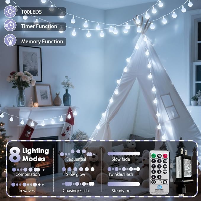 100LED Connectable Classroom String Lights Indoor Outdoor, 43ft White Globe Lights Plug in with Remote, 8 Lighting Modes Waterproof Fairy Light for Bedroom Classroom Wedding Christmas Decorations