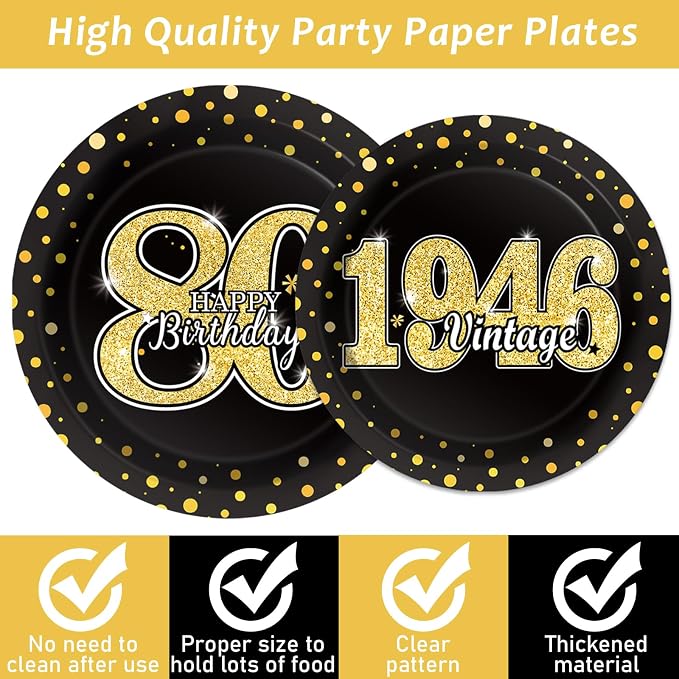 200PCS 80th Theme Birthday Party Tableware Vintage 1946 Party Supplies 80 year old Birthday Party Decorations Plates Napkins Forks Black and Gold Dinnerware Favors for Men or Women