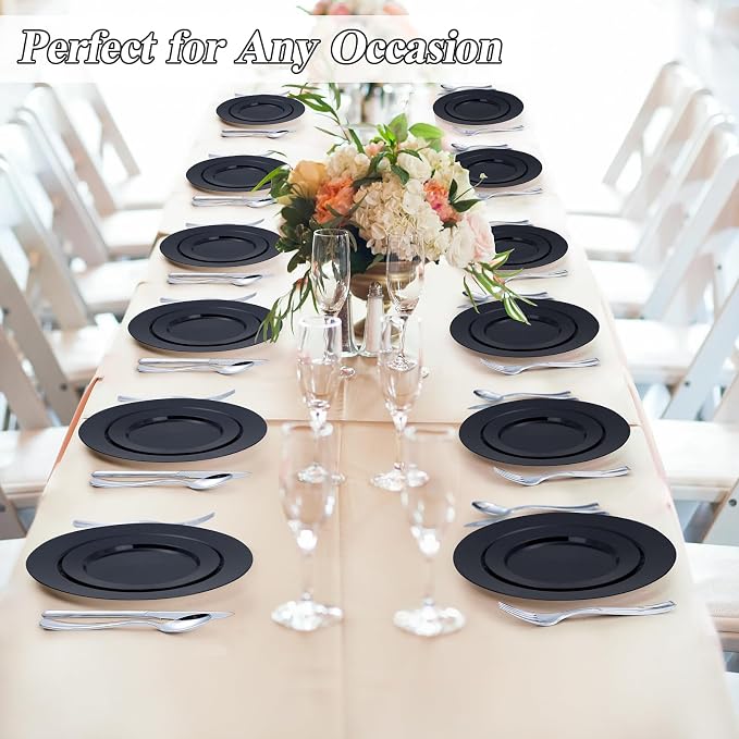 BESTSTAR 100PCS Black Plastic Plates Set, 50 10.25 inch Dinner Plates and 50 7.5 inch Dessert Plates, Premium Disposable Plates for Party, Wedding