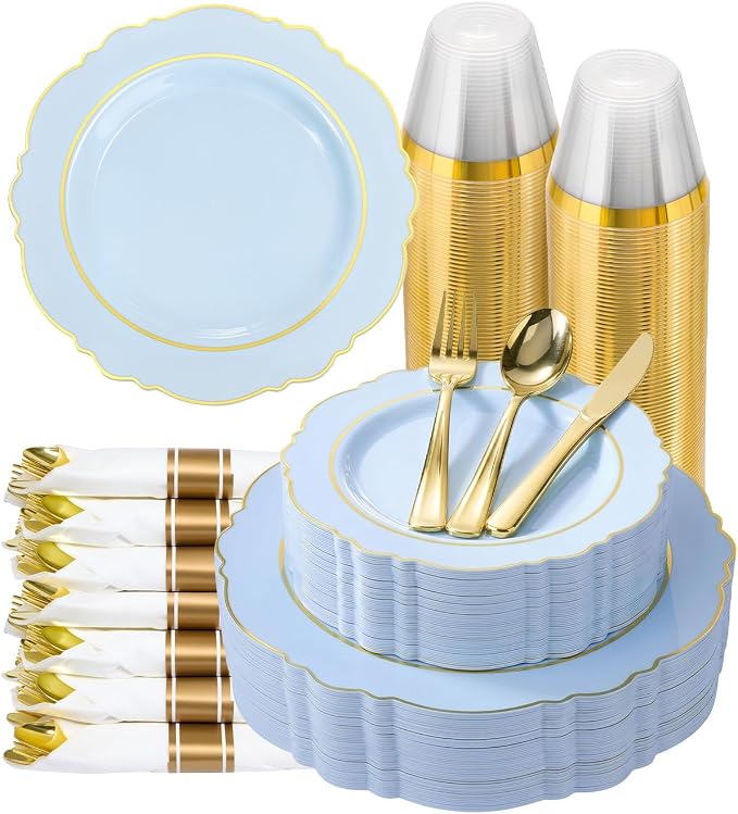 realluck 350 Piece Light Blue Plastic Dinnerware Set for 50 Guests Elegant Disposable Dinnerware for Weddings, Parties, 100 Plastic Plates, 50 Pre Rolled Napkins with Silverware, 50 Cups