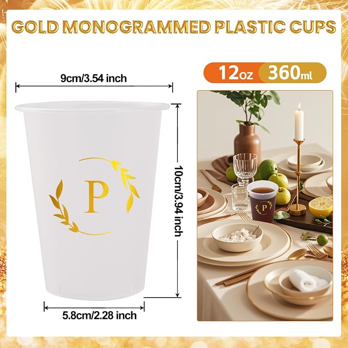 100 Monogrammed Cups Disposable Initial Plastic Cup 12 oz Wedding Personalized Cup for Wedding Reception Baby Shower Birthday Party(Letter P)