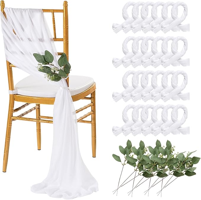 QueenDream White Chair Sashes Wedding Aisle Decorations: 24 Packs 8ft Long Draping Fabric Sheer Church Chair Cover Bulk for Party Banquet