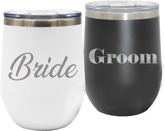 My Personal Memories Bride and Groom Insulated Travel Tumbler Set of 2 - Engraved To Go Cup Gift for Wedding, Rehearsal Dinner Party, Honeymoon, Reception (12 oz Wine Tumbler Set)