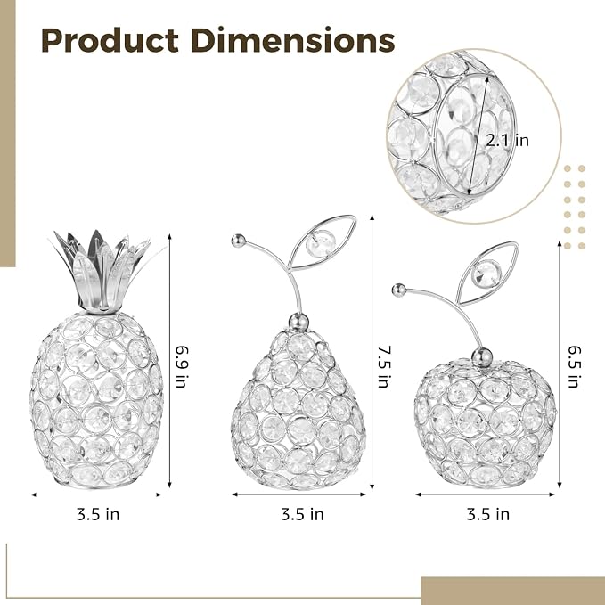 3 Pcs Silver Crystal Tea Light Holder, Crystal Hollow Candlestick, Metal Pineapple Pear Apple Set, Table Centerpiece, Ideal for Wedding, Party, Anniversary and Home Decor