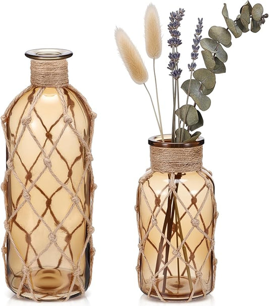 Chuangdi Set of 2 Coastal Glass Vases for Flowers TSITP Flower Vase with Boho Rope Small Sea Glass Jar Nautical Beach Bottle for Wedding Table Centerpieces Floral Arrangement Decor(Light Brown)
