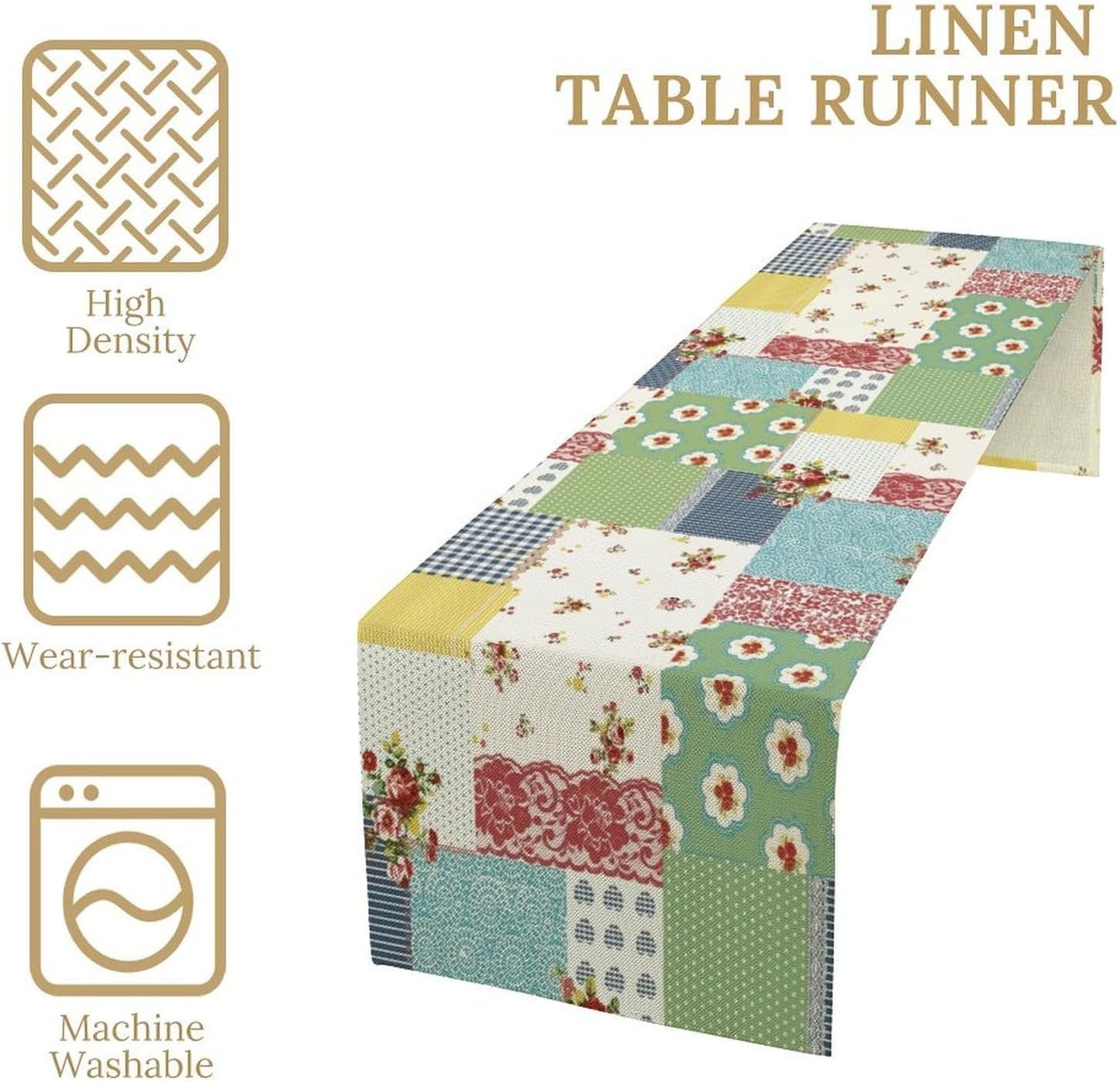 Patchwork Boho Table Runner,Vintage Colorful Floral Plaid Polka Dot Print Tablecloth Burlap for Hotel Indoors Outdoor Dining Room Kitchen Home Decor,W13X L36 in