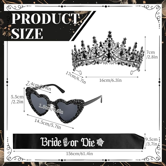 JarThenaAMCS 3 Pcs Bride or Die Bachelorette Party Decoration Set Black Tiara Crown Sash Glasses for Women Halloween Bridal Shower Accessories