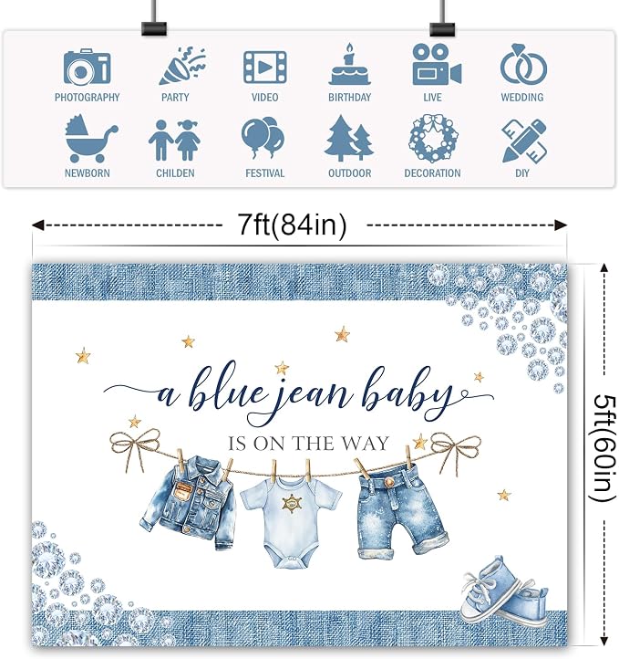 Baby Shower Backdrop A Blue Jean Baby is On The Way Denim Diamond Clothes Photography Background for Newborn Shower Party Decoration Cake Table Banner Supplies Photo Booth Studio Props 7x5ft
