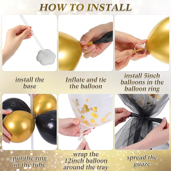 BBTO 8 Set Gold Black Table Centerpieces Balloons Stand Kit, Latex Balloons and Table Stand Holder with Base Tulle for Wedding Birthday Grad Prom Centerpieces Party Back to School Baby Shower