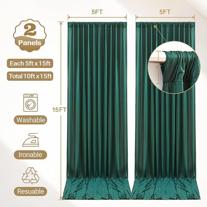 10ft x 15ft Hunter Green Backdrop Curtain Panels for Weddings - Wrinkle-Free Polyester Photo Drapes for Birthday Party, Photography Background, Stage Decor