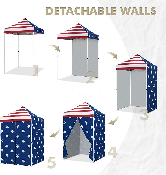 EAGLE PEAK 5x5 Instant Canopy with 4-Side Wall Panels, Small Pop up Portable Canopy Tent with Carry Bag, Light Weight Sun Shelter for Sports, Camping and Beach, American Flag