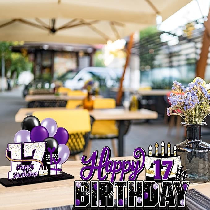 LINGTEER Happy 17th Birthday Purple Acrylic Table Topper Centerpieces Set - Cheers to Seventeen Years Old Birthday 17th Bday Party Gift Decorations.