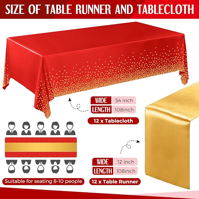 Breling 24 Pack Red and Gold Disposable Plastic Tablecloths and Satin Table Runner Set, 54 x 108 Inch Tablecloth, 12 x 108 Inch Table Runners for Wedding Graduation Birthday Baby Shower New Year