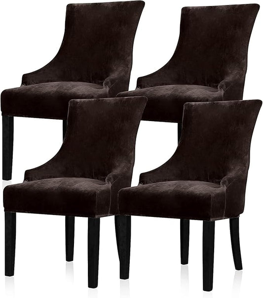 Lellen Velvet Stretch Wingback Chair Cover Slipcover - Reusable Protector Cover for Dining Room Banquet Home Decor etc Machine Washable Hand Washable (Brown, 4PC)