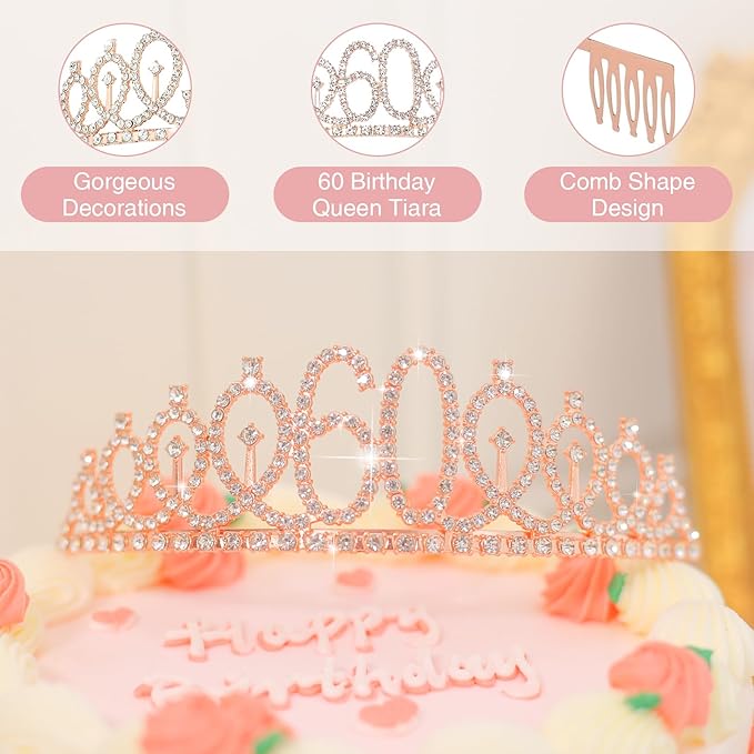 60TH Birthday Gifts for Women Her,60th Birthday Sash,Crown,Rhinestone Tiara,Vintage Engraved Wine Glass,60 Year Old Birthday Decorations For Her,Women,Mom,Wife,Friends,Sister-Turning 60 Present