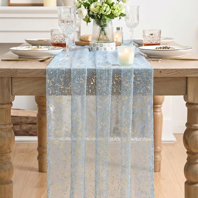 Artoid Mode 3PC Gold Gauze Light Blue Table Runner 120 Inch 10FT, Glitter Metallic Foil Sheer Dining Wedding Anniversary Holiday Birthday Table Decor for Home Party