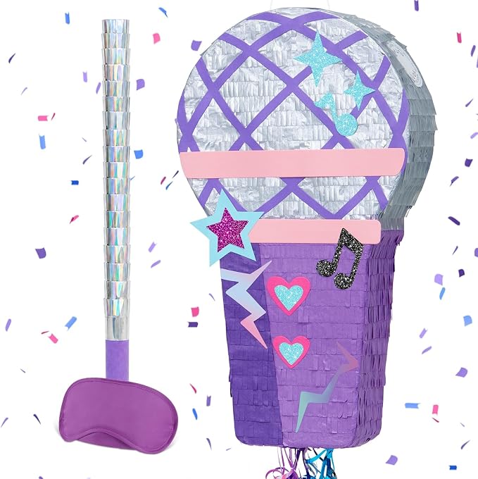 WERNNSAI Microphone Piñata - Purple Pink Pull String Piñata, Stick and Blindfold, Girl Party Game Supplies for Birthday, Kpop Party, Carnivals Games Decor (16.5"x9.1"x3")