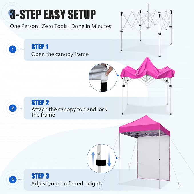 EAGLE PEAK Pop up Canopy 5x5, Outdoor Portable Canopy Tent with One Removable Sunwall, Carry Bag Included, Pink