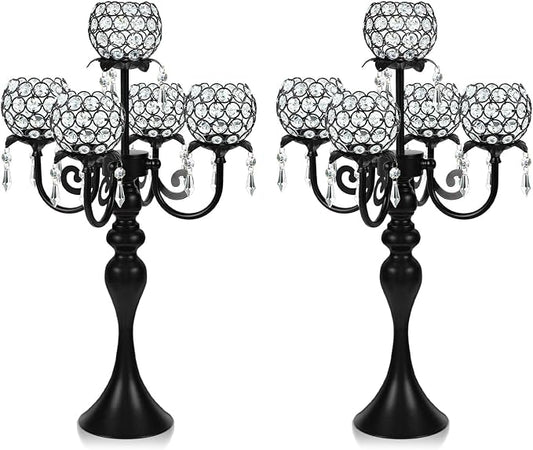 Crystal Tea Light Candle Holders Set - 14" L x 22.5" H Matte Black Metal & Sparkling Accents, Wedding & Party Centerpiece Decor(2, Black)