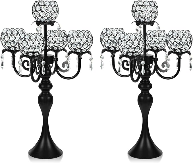 2Pcs Elegant 5-Arm Tea Light Crystal Candle Holder with Pendant Chain & Round Crystal Bowl - 22.5 Inch Tall Black Wedding Table Centerpiece for Holiday Events, Parties & Home Decor