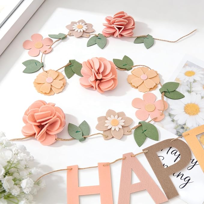 Felt Happy Birthday Banner, with Handmade Felt Flower Garland, Flower Party Decorations, Pre-Strung Birthday Decorations for Girls Women Mom, Floral Birthday Party Decor