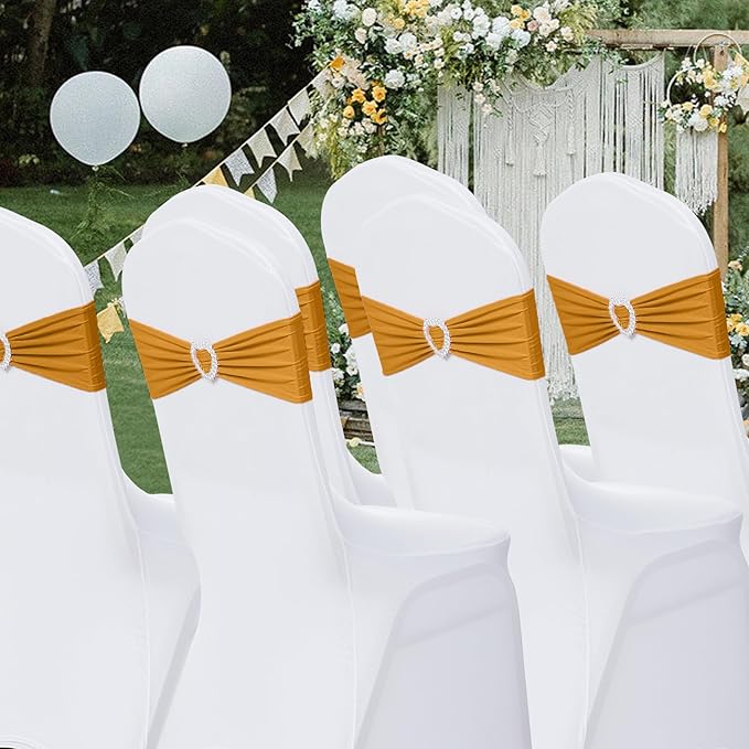 Howhic Pack of 120 Spandex Chair Sashes Bows Stretch Chair Cover Band with Buckle Slider Universal Elastic Chair Ties for Wedding Banquet Party Event Decoration (Gold)