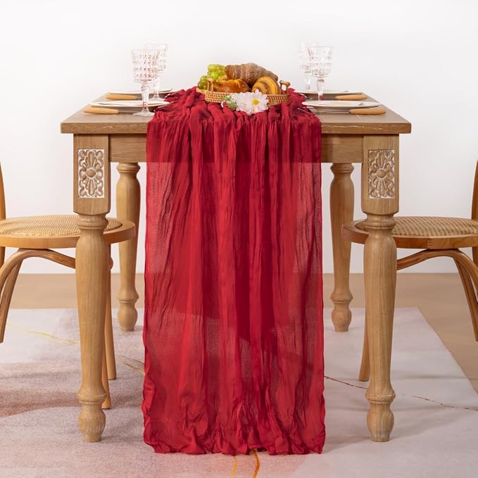 MLMC 6 Pack Red Table Runner Boho Rustic Gauze Cheesecloth Table Runner Sheer Cheese Cloth Centerpiece Decor 65x120 Inches for Wedding Reception Annniversary Decor