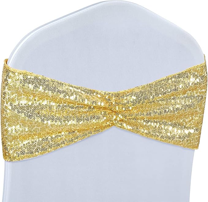 Poise3EHome Set of 50 Stretch Sequin Chair Sashes Bands Gold One-Sided Sequins Decorative Bows for Wedding Party Event Chair Covers