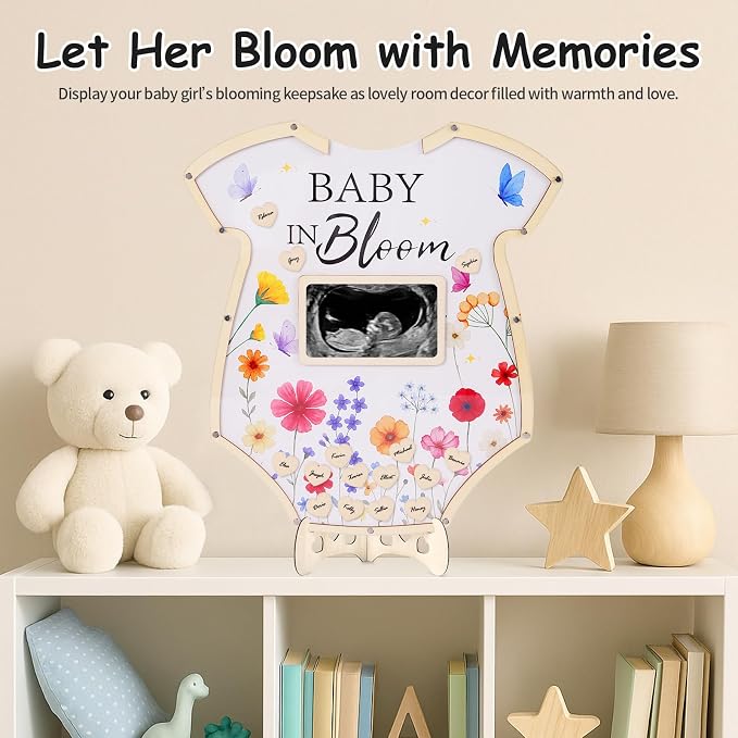 Baby in Bloom Baby Shower Decorations,Wildflower Baby Shower Guest Book Alternatives with Butterfly Pen,Photo Frame and 60 Heart Wood Slices for 60 Guests,Gender Reveal Decorations