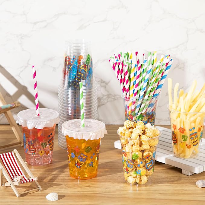 FoldTier Hawaiian Party Decorations Cups 12 oz Luau Party Decorations Plastic Cold Drinks Tiki Cups Clear Disposable with Lids Straws for Summer Holiday Tropical Supplies