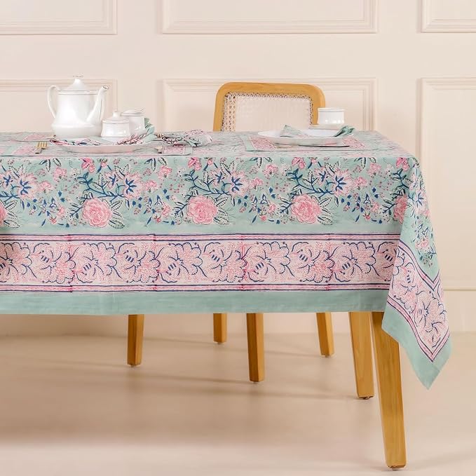 Hand Block Printed Tablecloth, Colorful Floral Print, Indian Artisan Handmade Art, Dining Room, Kitchen, Outdoor Décor, (Mint Green, 8 Seater 72 x 108 Inches Rectangle)