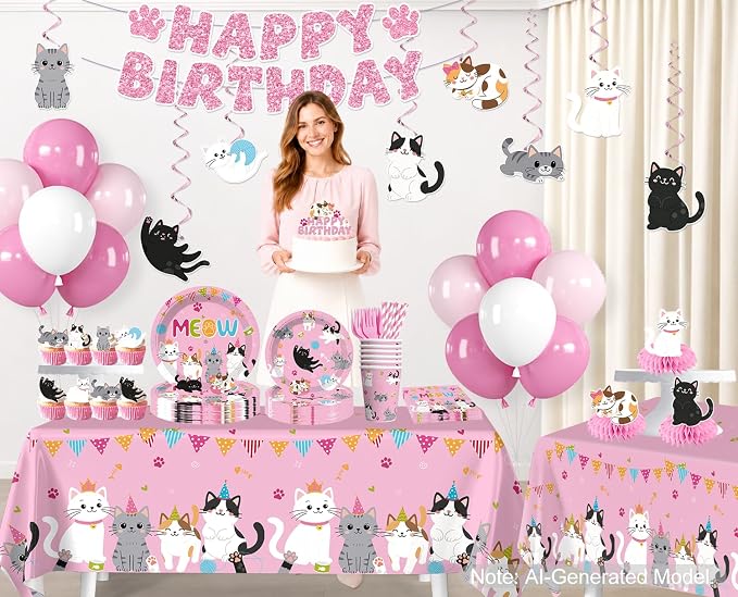 213pcs Cat Birthday Decorations, Complete Paper Tableware Set Includes 350gsm Plates 24 Cupcake Toppers and 2 Waterproof Tablecloths, Cat Themed Birthday Party Decorations for 25 People