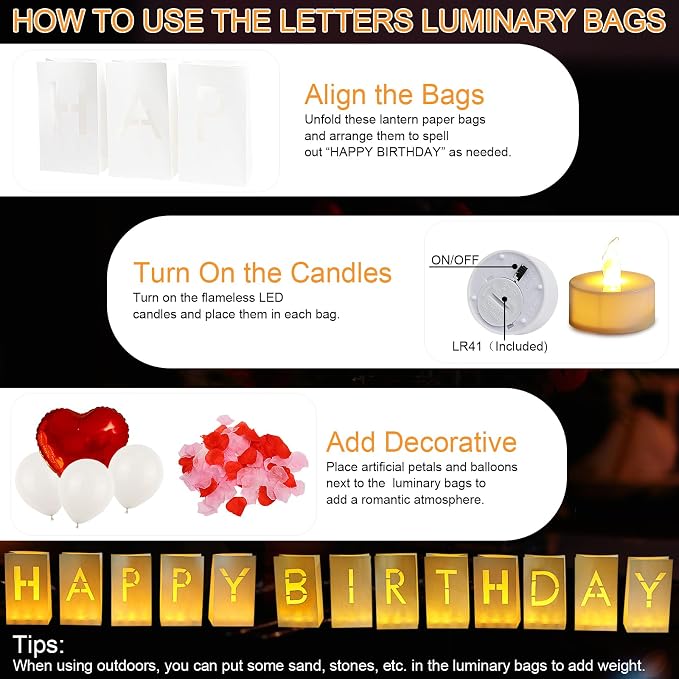 Happy Birthday Light Up Letters, Rose Petals LED Tea Lights Candles Latex Foil Balloons, Paper Luminary Bags for Men Women Birthday Party Decorations