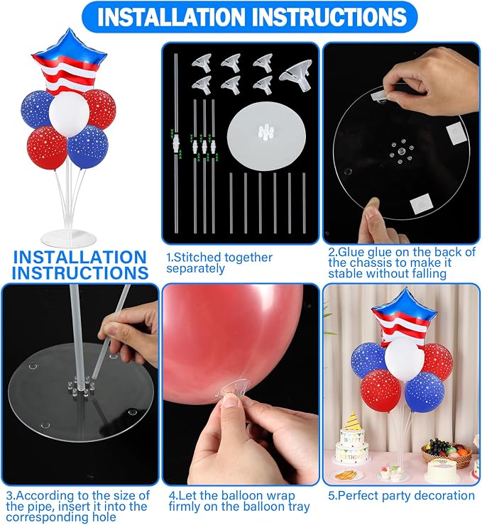 4th of July Balloons Stand Kit 2 Sets with 2 America Flag Star Foil Balloon Patriotic Red White and Blue Party Balloon Centerpiece for Tables for 250th Anniversary Independence Day Party Decorations