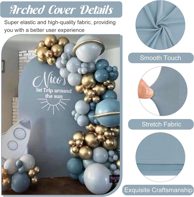 Metal Arch Stand and Cover Set,1 Dusty Blue Spandex Fitted Backdrop with 1 Gold Wedding Arched Stand Frame for Parties Birthday Baby Shower Bridal Banquet Decoration (6.6FT)