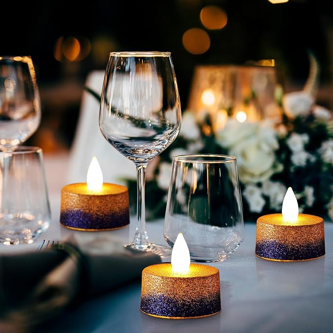 Retisee 48Pcs Flameless LED Tea Lights Glitter Electric Fake Candles for Centerpieces Battery Operated Anniversary Romantic Winter Decor for Wedding Christmas Birthday(Gold,Blue,1.65 Inch)
