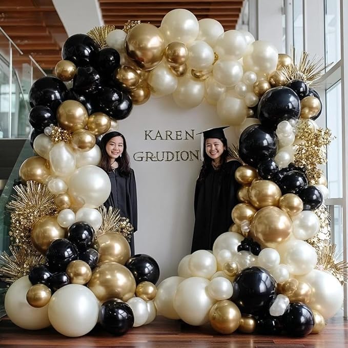 Black White Gold Balloon Garland Double Stuffed, Pearl Sand Champagne Gold Balloons Cream Beige Balloon Arch Kit for Birthday Graduation Wedding Bachelorette Engagement Party Decorations
