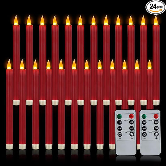 Flameless Taper Candles 10" Dripless Battery Operated Taper Candles Included Remote Timer 400+ Hours by 2AA Batteries for Halloween Christmas Wedding (Burgundy, 24 Pack)