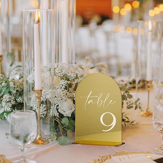 HOODO Gold Mirror Acrylic Wedding Table Numbers 1-15 with Stands, 5"x7" Arched Acrylic Sign and Holder, Gold Mirror Arch Table Numbers for Wedding Reception, Party, Anniversary, Event