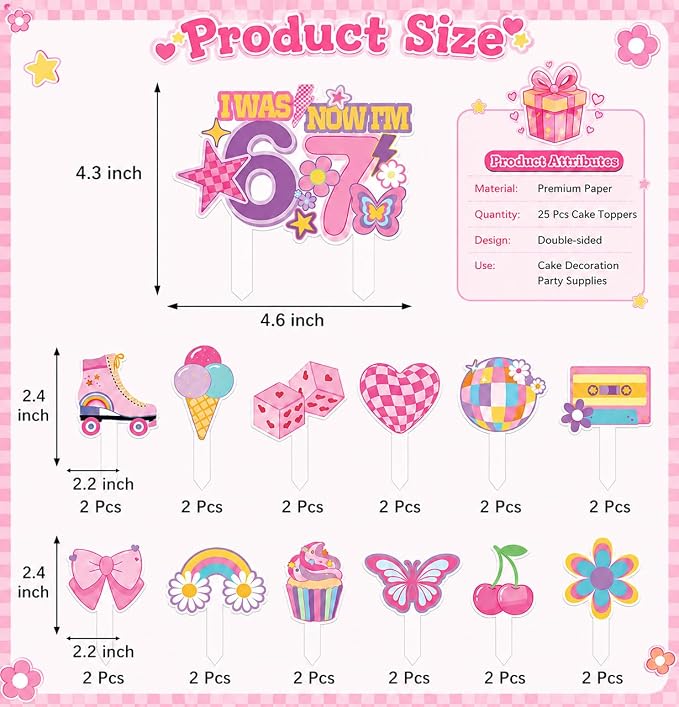 67 Birthday Decorations Set for Girls, 46PCS, Turning 7 Theme Birthday | Paper-3 Banners,24 Cupcake Toppers,1 cake Toppers,18 Balloons, i was 6 now im 7 birthday decorations