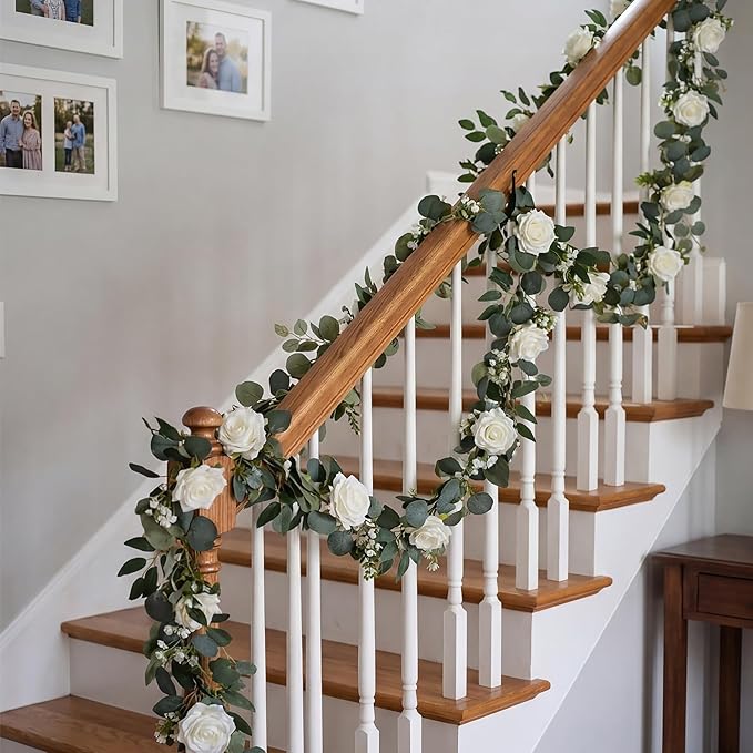 Aurora Aria White Flower Garland, 2 Pack Total 11.6FT Artificial Eucalyptus Garland with Roses, Floral Greenery Garland for Wedding Arch, Spring Home Decor