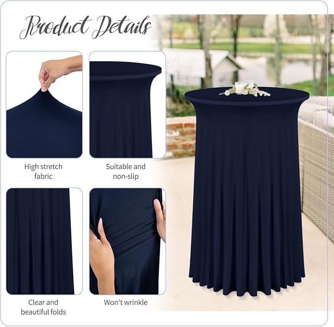 fani 6 Packs 32"x 43" Round Cocktail Table Skirt, Spandex Fitted High Top Table Skirt, Spandex Stretch Cocktail Tablecloth for Wedding Party Bar Banquet Birthday Tables(Navy Blue)