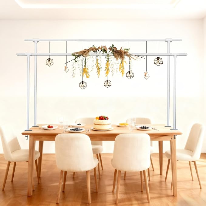 Beyeutao White Over the Table Rod Stand with Clamps Adjustable 16"-87" Length 30"-45" Height Table Arch Stand Metal Balloon Arch Stand for Photography Birthday Party Decoration