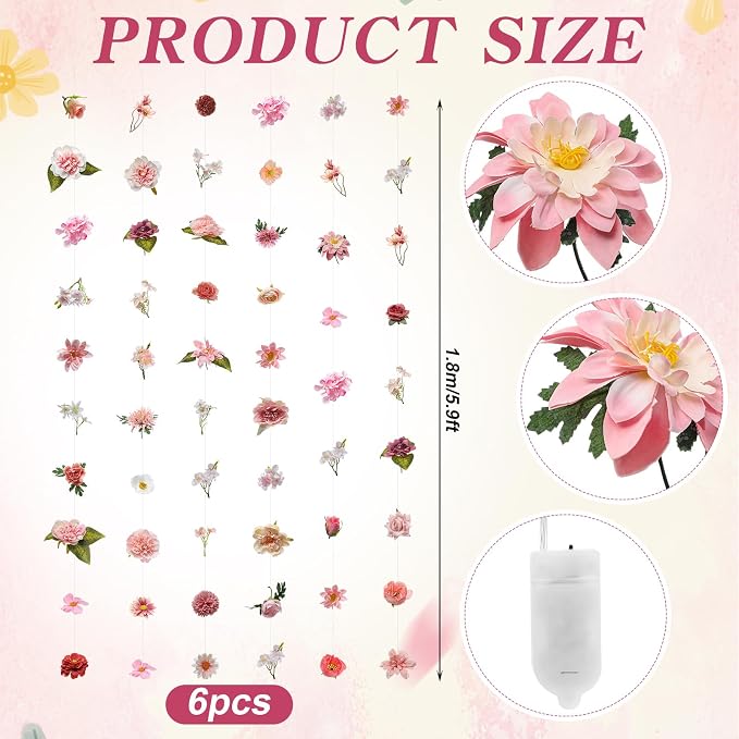 Suncalla 6 Pack 35.4ft Fake Flower Garland Backdrop with LED Lights Hanging Wildflower Floral Vine Decorations for Wedding Bridal Shower Birthday Baby Shower Party Backdrop(Fresh,Pink)